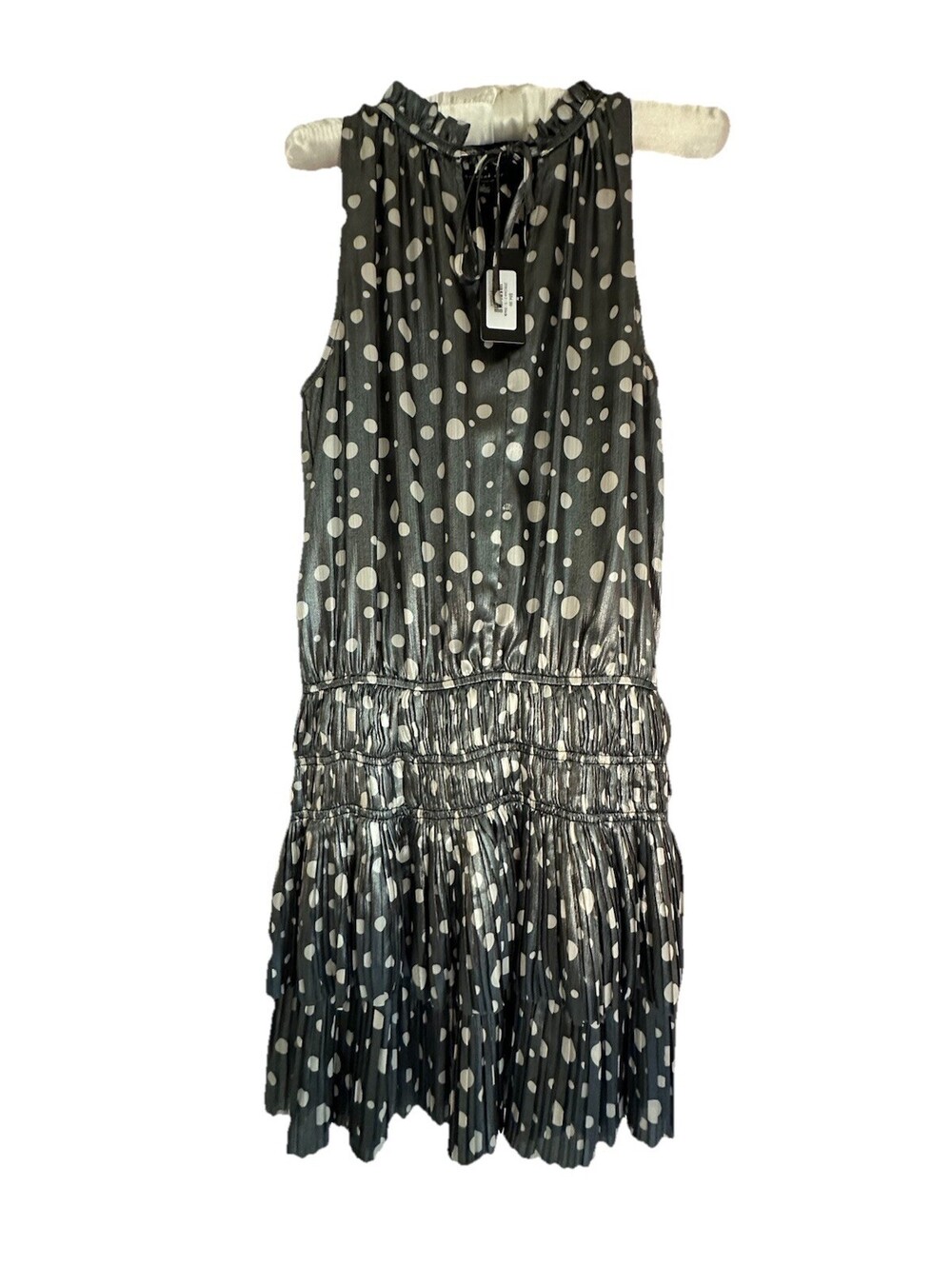 Current Air MetallicPolka Dot Pleated Mini Dress Small BlackWhite Sleeveless NWT